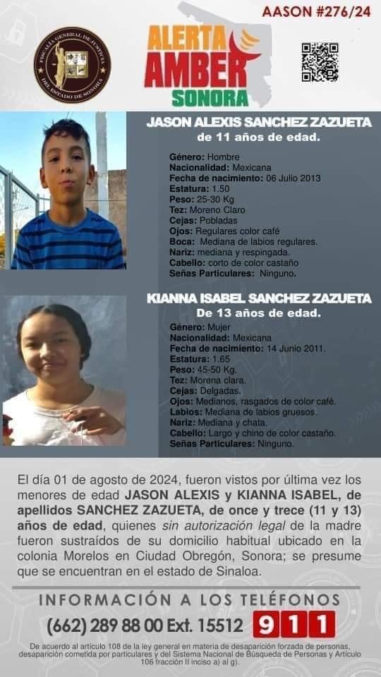 Alerta Amber activada para localizar a hermanos desaparecidos en Ciudad&nbsp;Obregón